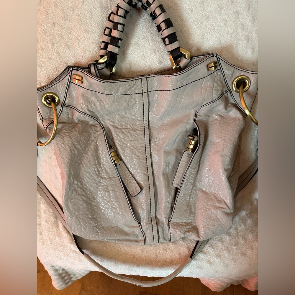dr Yany Grey Leather Bag with Brass Accents